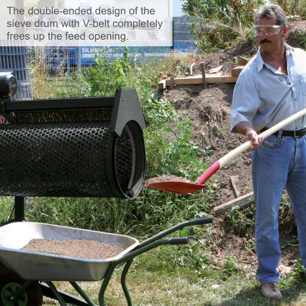 Scheppach RS400 Rotating Soil Sieve, 360W, 400x900mm Adjustable Drum, 3m³/h Throughput, Transport Wheels Scheppach RS400 Rotating Soil Sieve, 360W, 400x900mm Adjustable Drum, 3m³/h Throughput, Transport Wheels